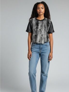 Faux Fur Cropped Tee - Black and Gray